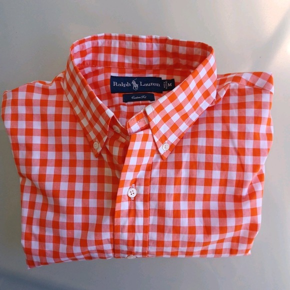 Ralph Lauren Men Custom Fit Orange White Gingham Button Down Shirt M - Picture 6 of 7